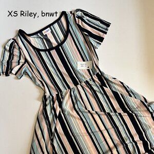 XS Lularoe Riley dress, pink, blue, black vertical stripes